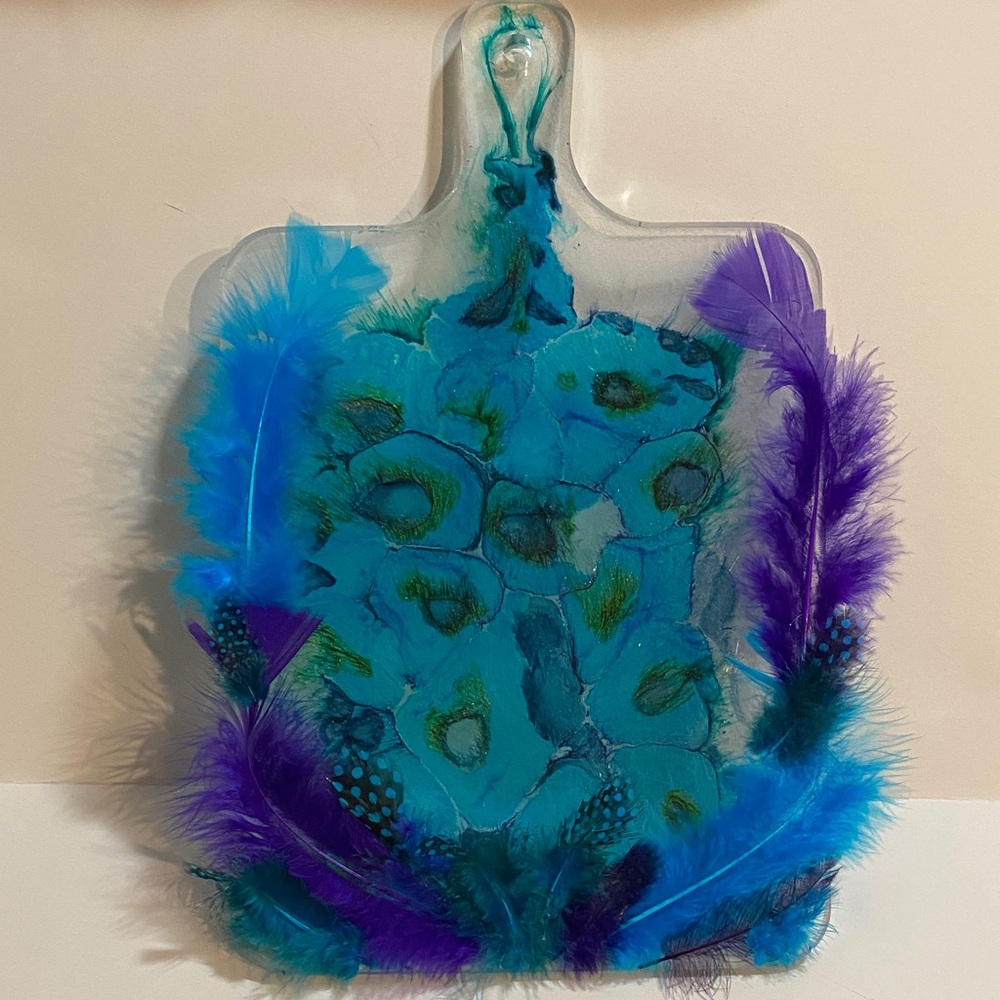 Peacock Resin Art Decor Feathered Cutting Board Purple Turquoise Handmade